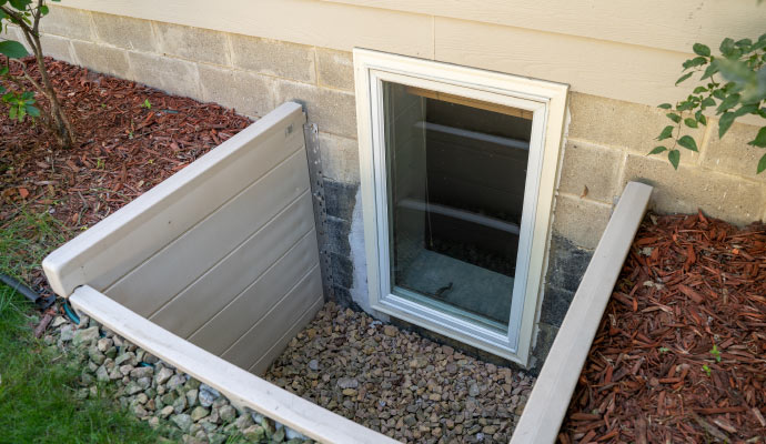 A basement window well with a white vinyl window window frame