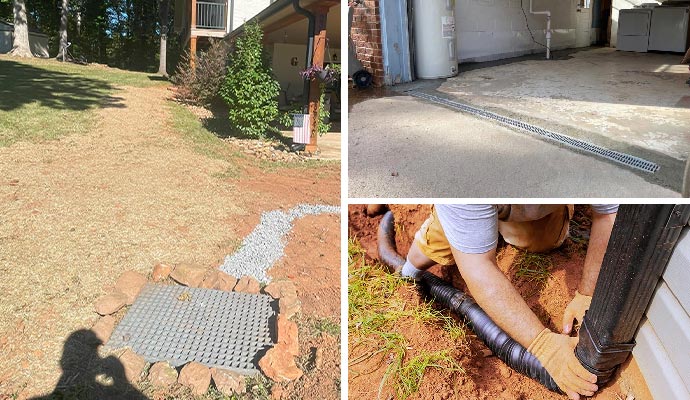 Collage of french drain, entryway drainage and downspout extension