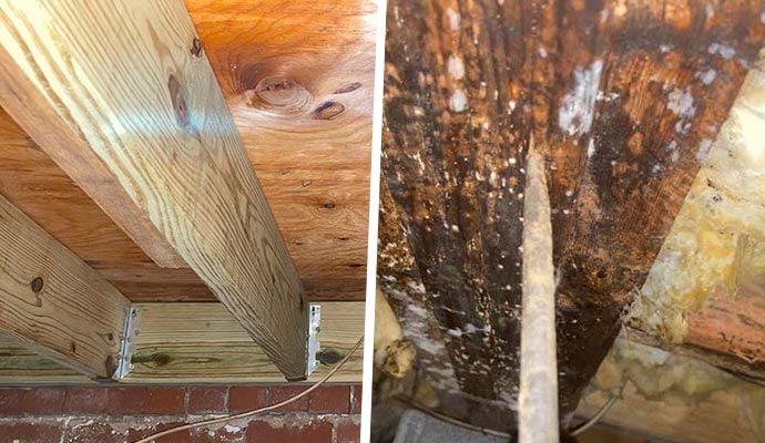 Collage of wooden floor structure with joists and termite damaged wood