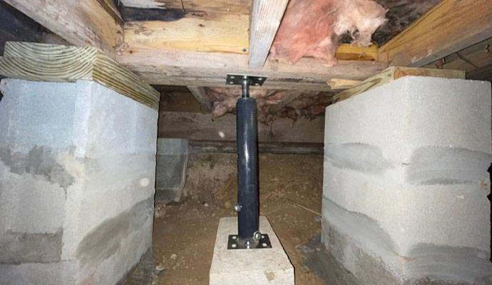 Floor jack supporting a wood beam.