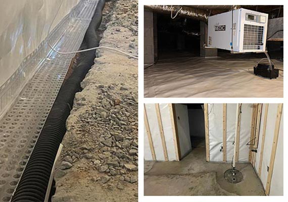 Collage of drainage-system, sump-pump and dehumidifier installation
