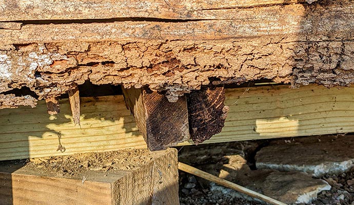 Termite damage on a wood beam.
